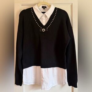Layered Black V-Neck Sweater with Bow and Rhinestone Trim - NWOT - Size